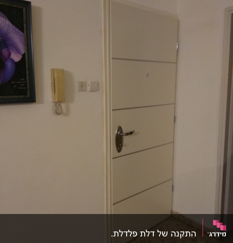 דלת לבנה עם ידית מתכת וקווים אופקיים